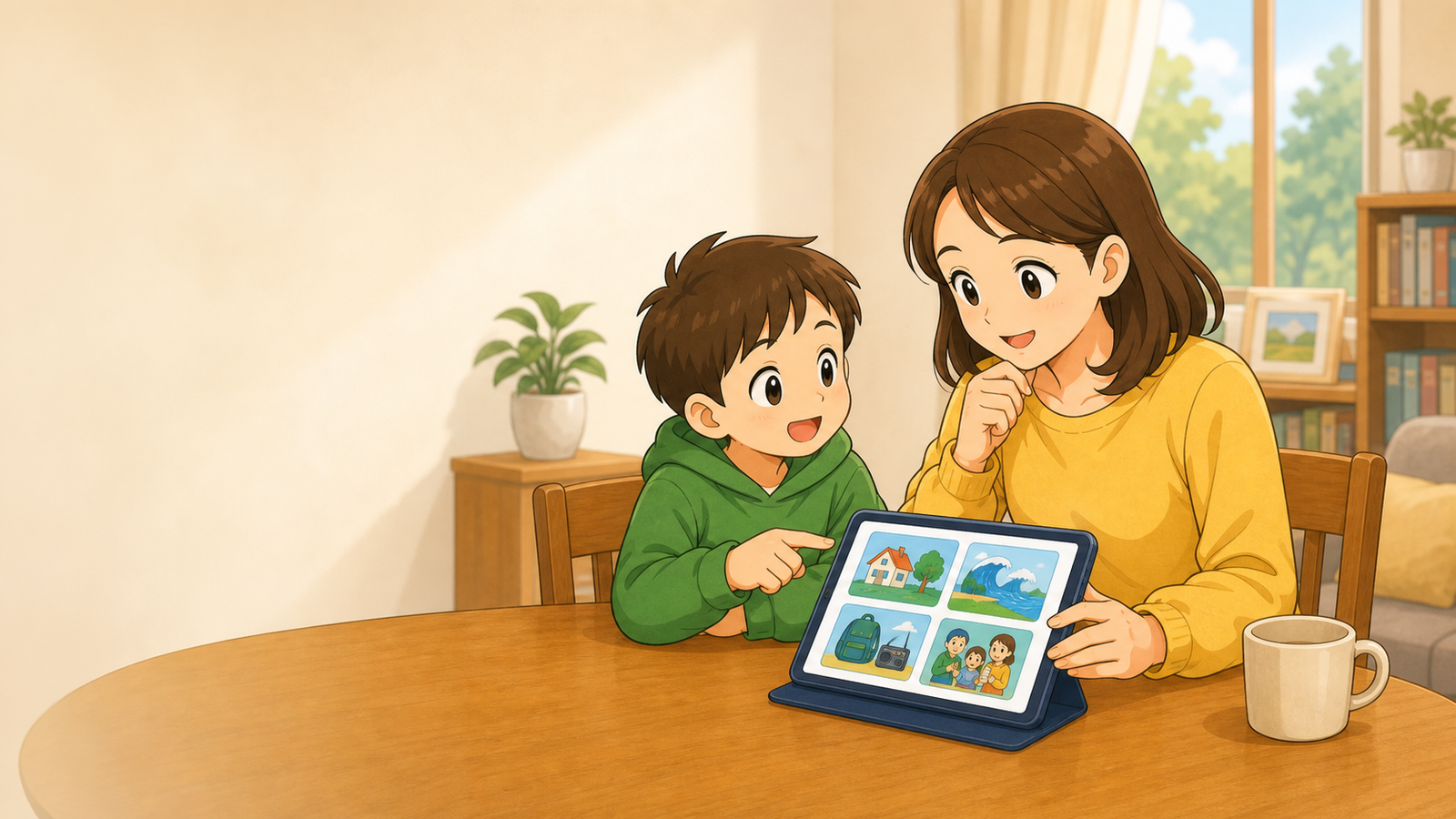 親子で防災を確認している